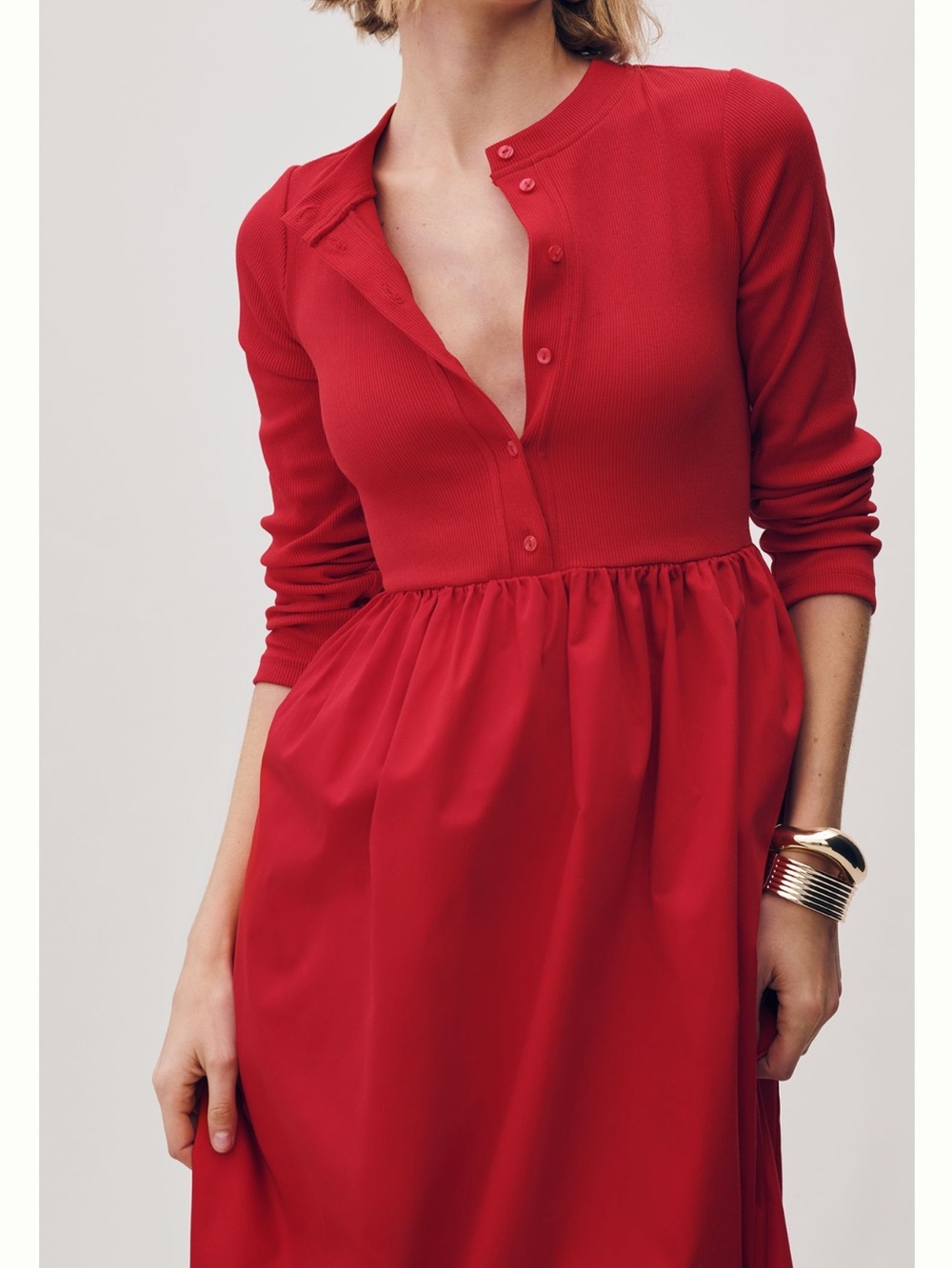 Anthropologie Long Sleeve Dress Crew Neck Twofer Button Front Midi New Small Red - Picture 3 of 12